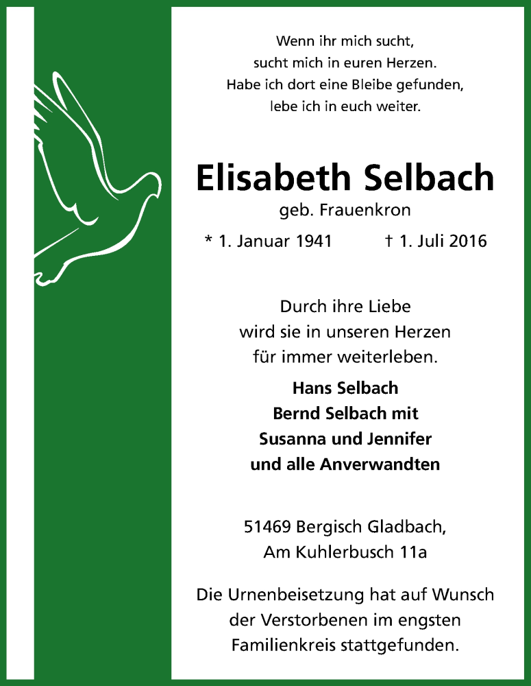  Traueranzeige für Elisabeth Selbach vom 12.07.2016 aus Kölner Stadt-Anzeiger / Kölnische Rundschau / Express