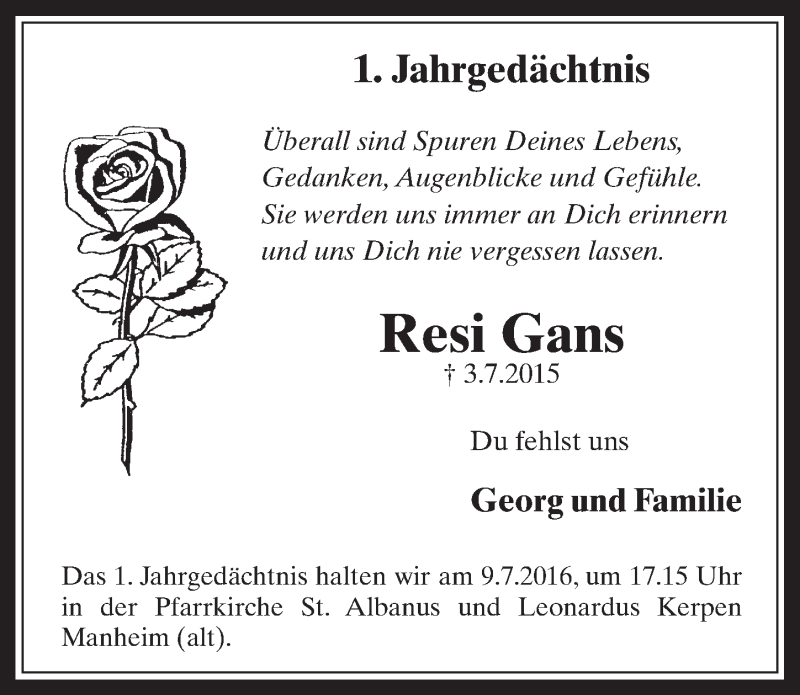  Traueranzeige für Resi Gans vom 06.07.2016 aus  Werbepost 