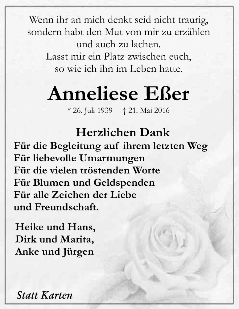  Traueranzeige für Anneliese Eßer vom 16.07.2016 aus Kölner Stadt-Anzeiger / Kölnische Rundschau / Express