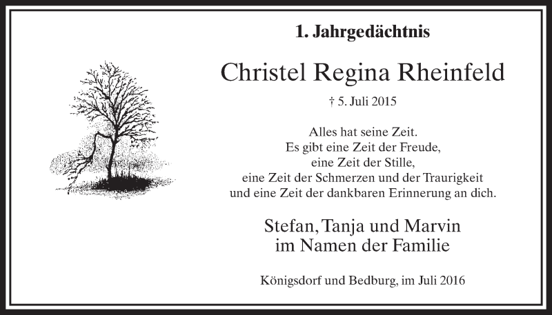  Traueranzeige für Christel Regina Rheinfeld vom 02.07.2016 aus  Sonntags-Post 