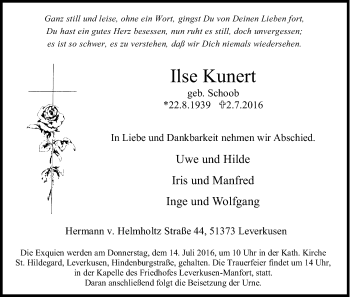 Anzeige von Ilse Kunert von Kölner Stadt-Anzeiger / Kölnische Rundschau / Express
