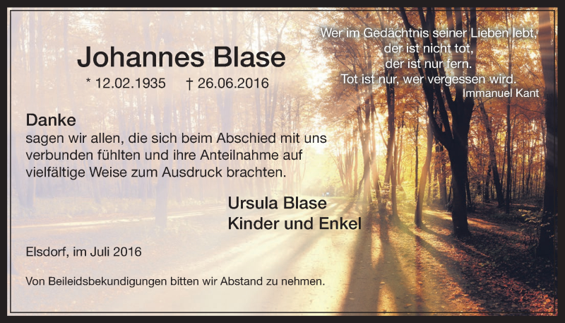  Traueranzeige für Johannes Blase vom 06.07.2016 aus  Werbepost 