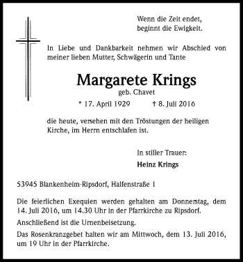 Anzeige von Margarete Krings von Kölner Stadt-Anzeiger / Kölnische Rundschau / Express