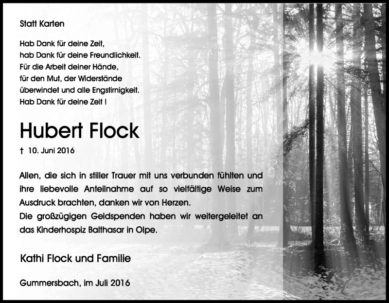  Traueranzeige für Hubert Flock vom 27.07.2016 aus Kölner Stadt-Anzeiger / Kölnische Rundschau / Express