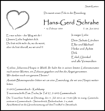 Anzeige von Hans-Gerd Schrahe von Kölner Stadt-Anzeiger / Kölnische Rundschau / Express