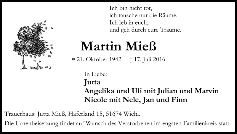  Traueranzeige für Martin Mieß vom 23.07.2016 aus Kölner Stadt-Anzeiger / Kölnische Rundschau / Express