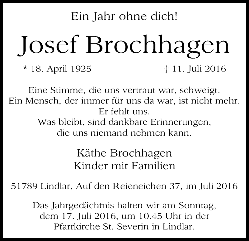  Traueranzeige für Josef Brochhagen vom 16.07.2016 aus Kölner Stadt-Anzeiger / Kölnische Rundschau / Express