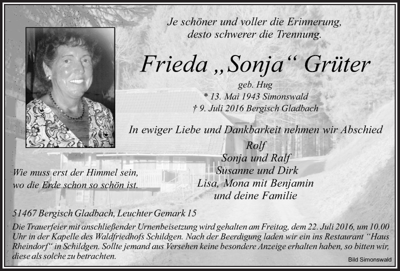  Traueranzeige für Frieda Grüter vom 20.07.2016 aus  Bergisches Handelsblatt 