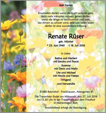 Anzeige von Renate Rüser von Kölner Stadt-Anzeiger / Kölnische Rundschau / Express