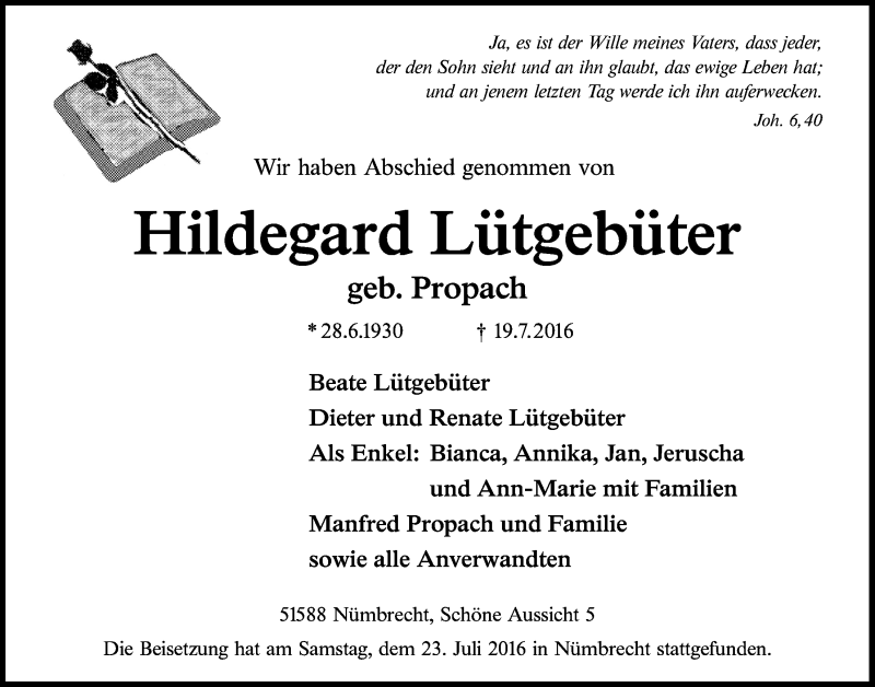  Traueranzeige für Hildegard Lütgebüter vom 27.07.2016 aus  Lokalanzeiger 