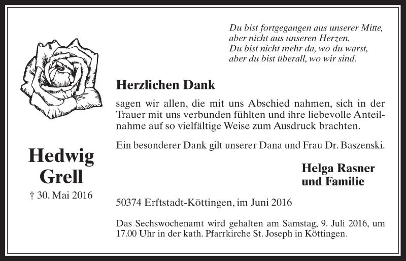  Traueranzeige für Hedwig Grell vom 06.07.2016 aus  Werbepost 