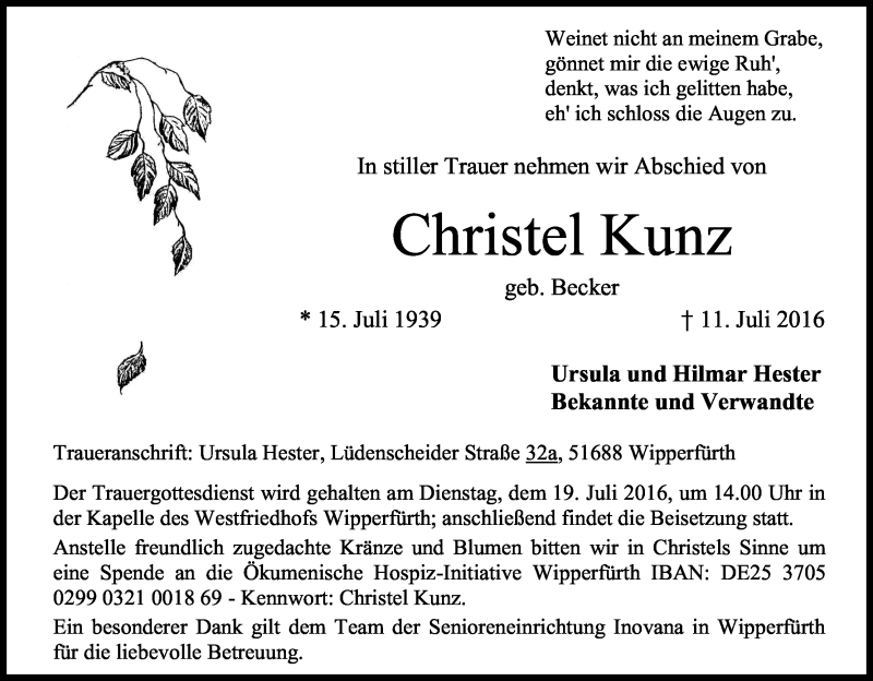  Traueranzeige für Christel Kunz vom 16.07.2016 aus Kölner Stadt-Anzeiger / Kölnische Rundschau / Express