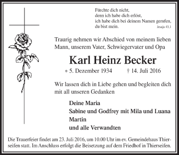 Anzeige von Karl Heinz Becker von  Lokalanzeiger 