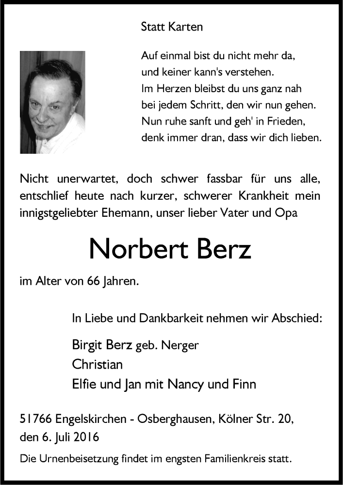  Traueranzeige für Norbert Berz vom 13.07.2016 aus  Anzeigen Echo 