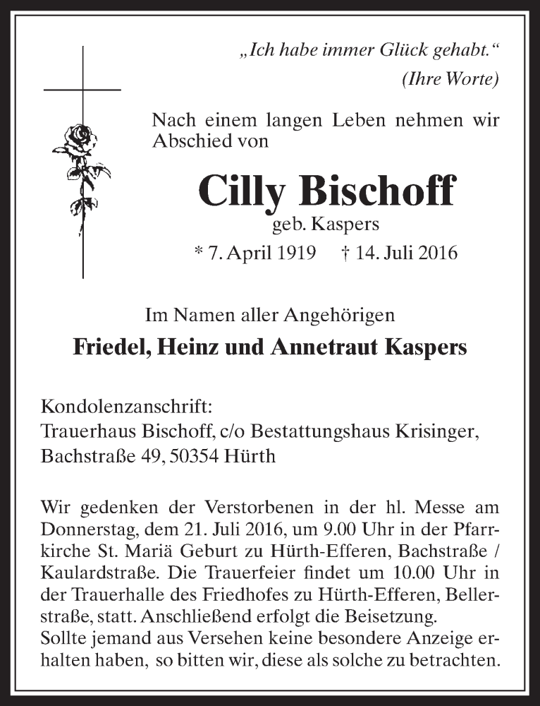  Traueranzeige für Cilly Bischoff vom 20.07.2016 aus  Wochenende 