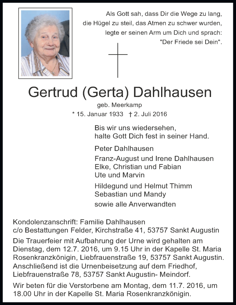  Traueranzeige für Gertrud  Dahlhausen vom 08.07.2016 aus Kölner Stadt-Anzeiger / Kölnische Rundschau / Express