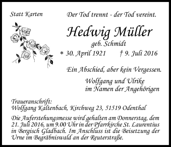 Anzeige von Hedwig Müller von Kölner Stadt-Anzeiger / Kölnische Rundschau / Express