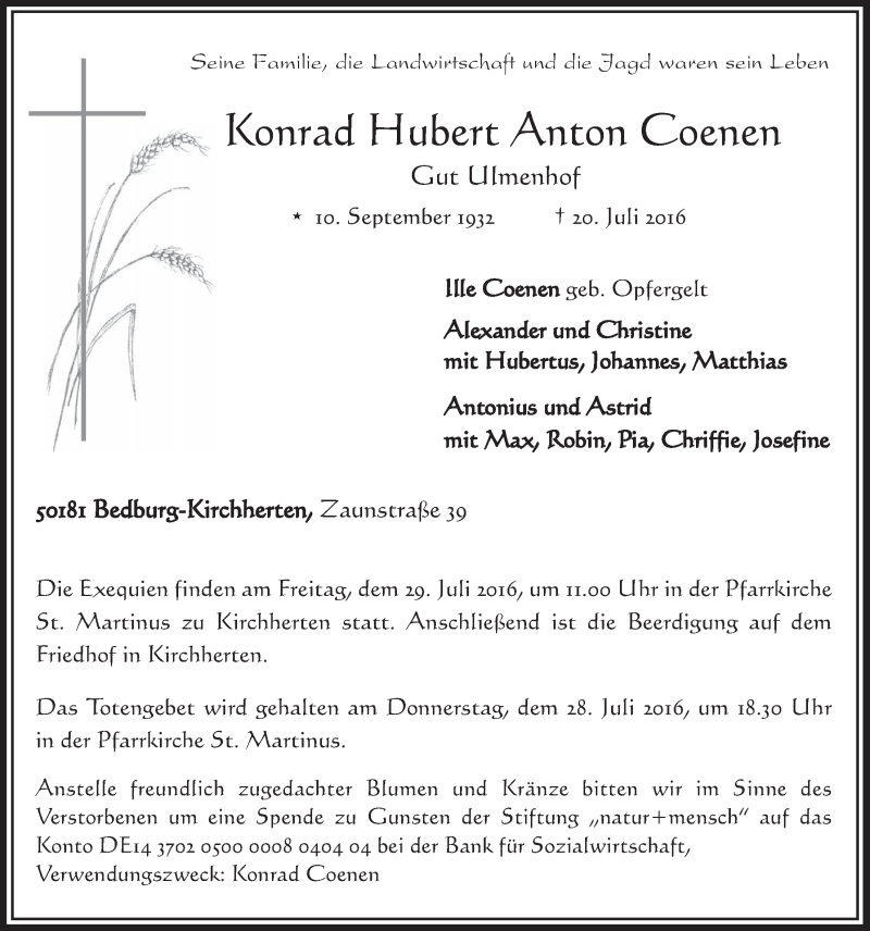  Traueranzeige für Konrad Hubert Anton Coenen vom 27.07.2016 aus  Werbepost 