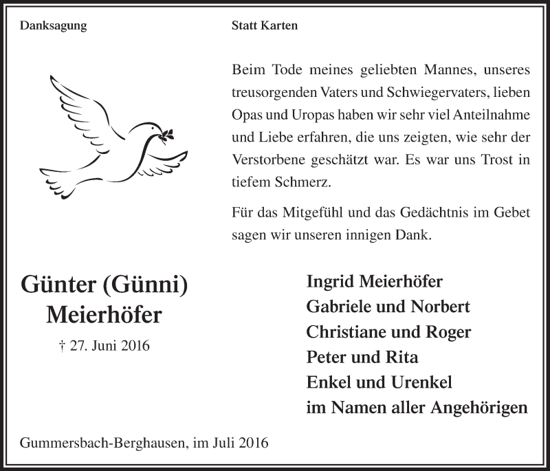  Traueranzeige für Günter Meierhöfer vom 27.07.2016 aus  Anzeigen Echo 