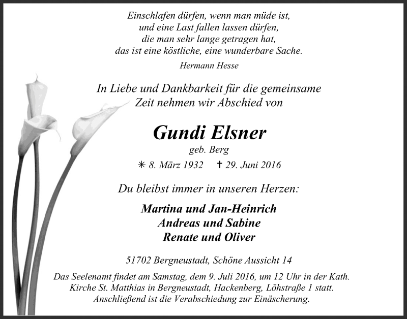  Traueranzeige für Gundi Elsner vom 06.07.2016 aus  Anzeigen Echo 