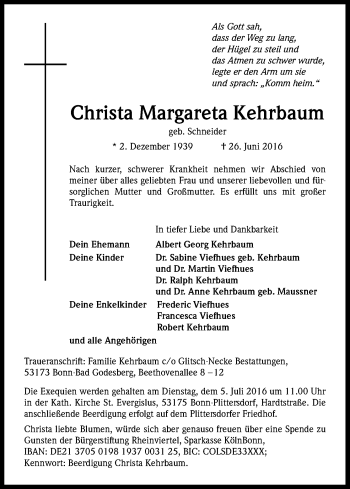 Anzeige von Christa Margareta Kehrbaum von Kölner Stadt-Anzeiger / Kölnische Rundschau / Express