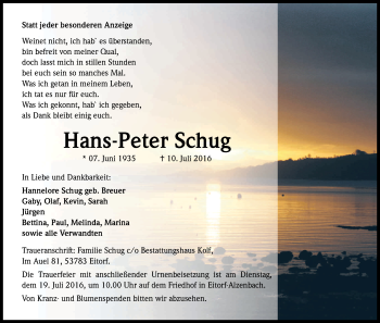 Anzeige von Hans-Peter Schug von Kölner Stadt-Anzeiger / Kölnische Rundschau / Express