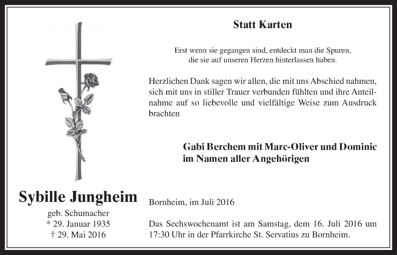  Traueranzeige für Sybille Jungheim vom 06.07.2016 aus  Schaufenster/Blickpunkt 
