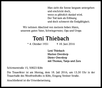 Anzeige von Toni Thiebach von Kölner Stadt-Anzeiger / Kölnische Rundschau / Express