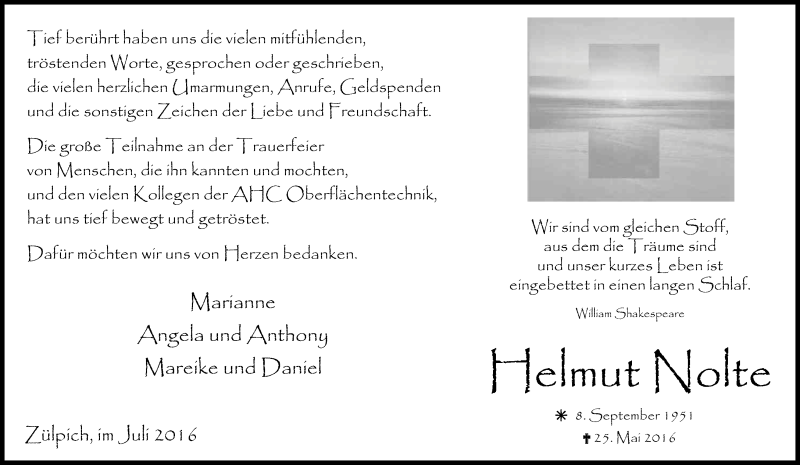  Traueranzeige für Helmut Nolte vom 16.07.2016 aus Kölner Stadt-Anzeiger / Kölnische Rundschau / Express