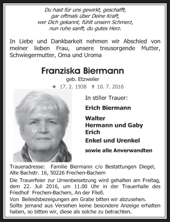 Anzeige von Franziska Biermann von  Wochenende 