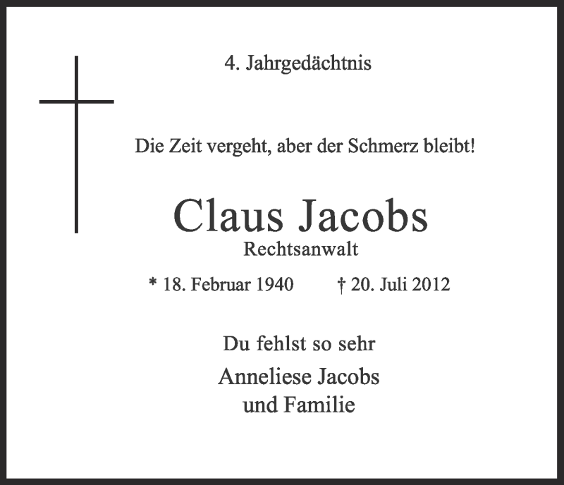  Traueranzeige für Claus Jacobs vom 27.07.2016 aus Kölner Stadt-Anzeiger / Kölnische Rundschau / Express