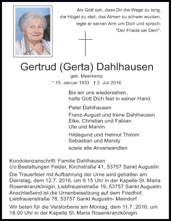 Anzeige von Gertrud  Dahlhausen von Kölner Stadt-Anzeiger / Kölnische Rundschau / Express
