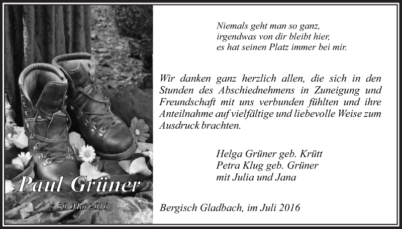  Traueranzeige für Paul Grüner vom 06.07.2016 aus  Bergisches Handelsblatt 