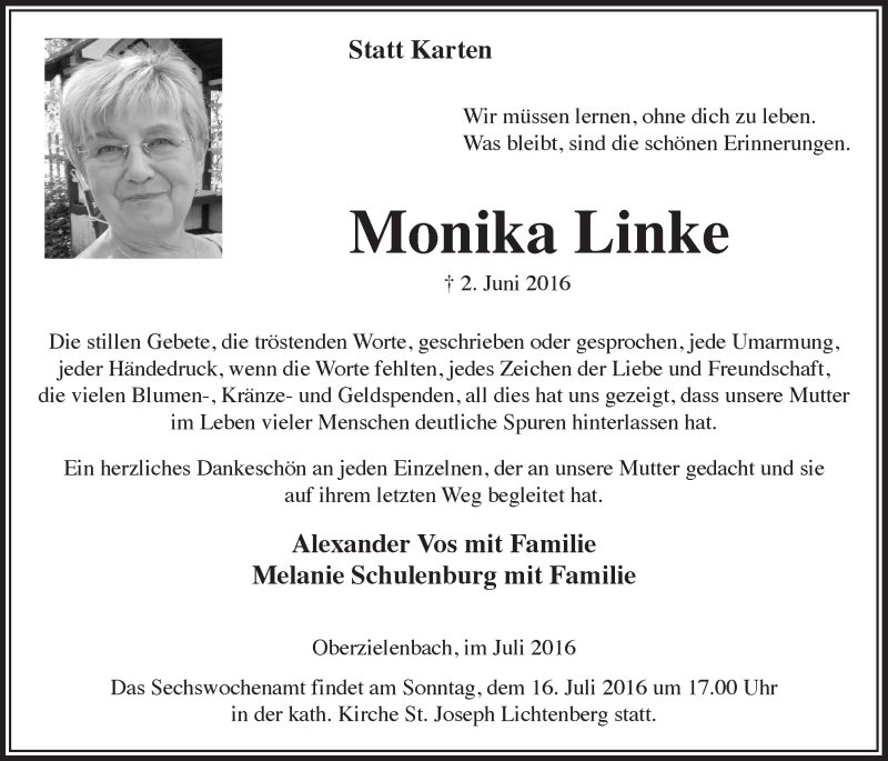  Traueranzeige für Monika Linke vom 13.07.2016 aus  Lokalanzeiger 