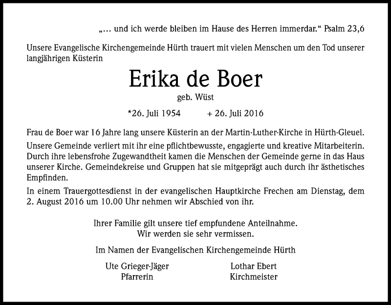 Traueranzeige für Erika de Boer vom 30.07.2016 aus Kölner Stadt-Anzeiger / Kölnische Rundschau / Express