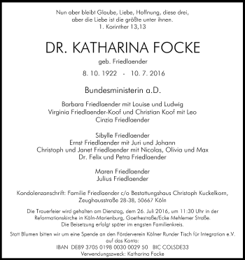 Anzeige von Katharina Focke von Kölner Stadt-Anzeiger / Kölnische Rundschau / Express