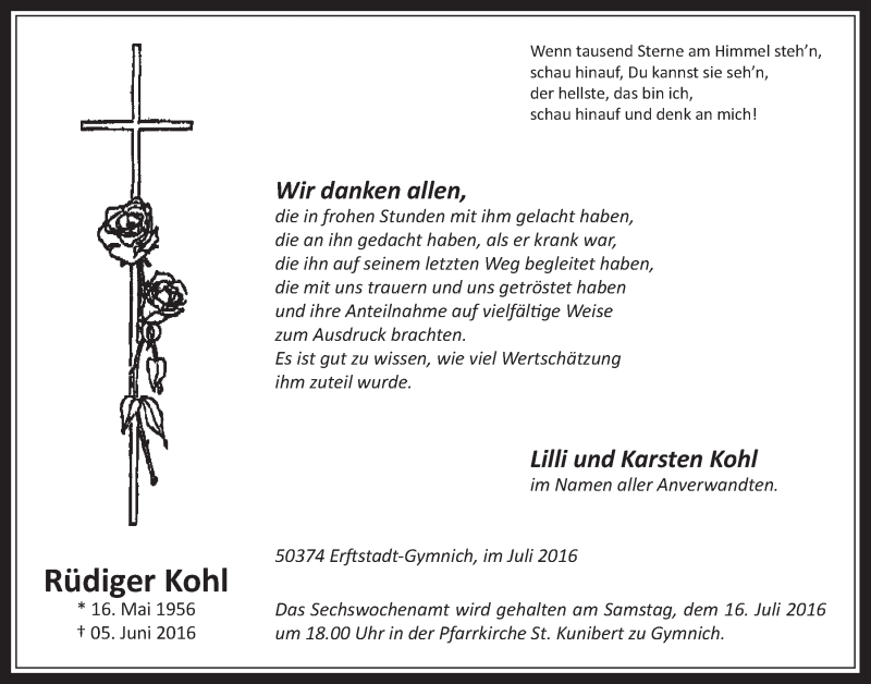  Traueranzeige für Rüdiger Kohl vom 13.07.2016 aus  Werbepost 