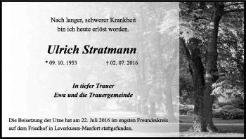 Anzeige von Ulrich Stratmann von Kölner Stadt-Anzeiger / Kölnische Rundschau / Express