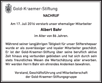 Anzeige von Albert Bahr von  Sonntags-Post 