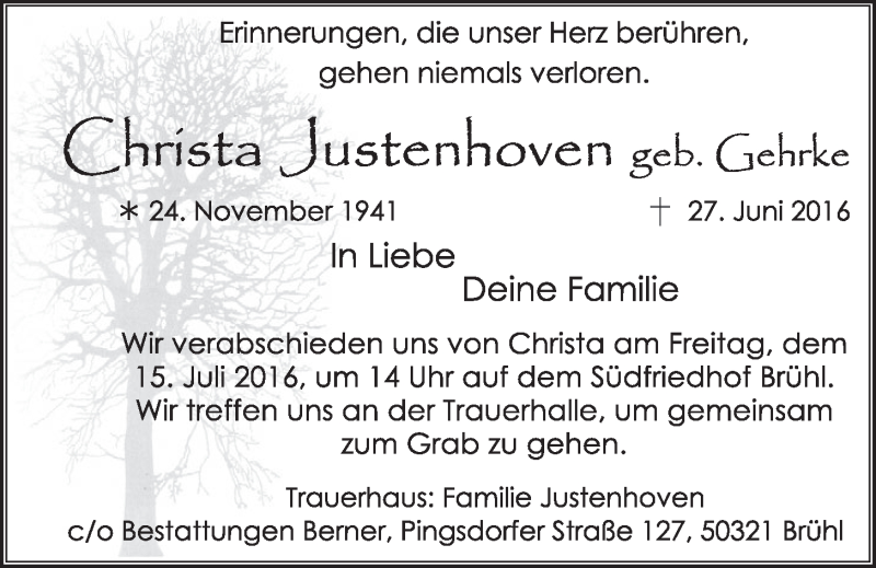  Traueranzeige für Christa Justenhoven vom 13.07.2016 aus  Schlossbote/Werbekurier 