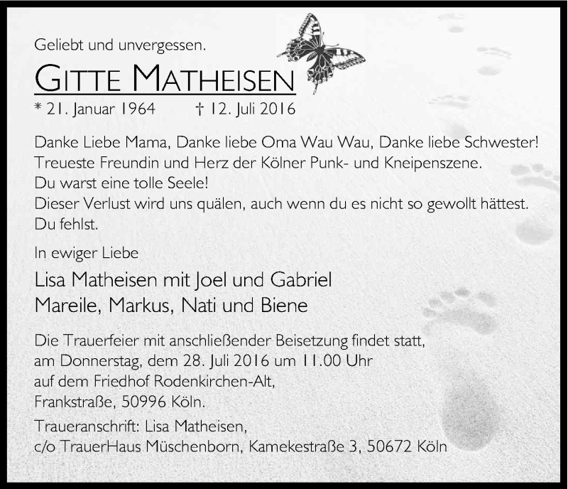  Traueranzeige für Brigitta Matheisen vom 23.07.2016 aus Kölner Stadt-Anzeiger / Kölnische Rundschau / Express