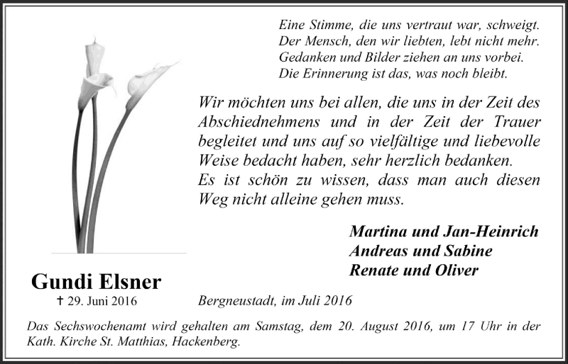  Traueranzeige für Gundi Elsner vom 27.07.2016 aus  Anzeigen Echo 