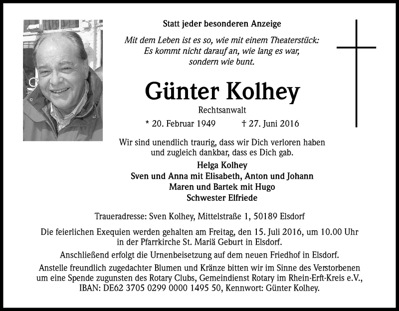  Traueranzeige für Günter Kolhey vom 09.07.2016 aus Kölner Stadt-Anzeiger / Kölnische Rundschau / Express