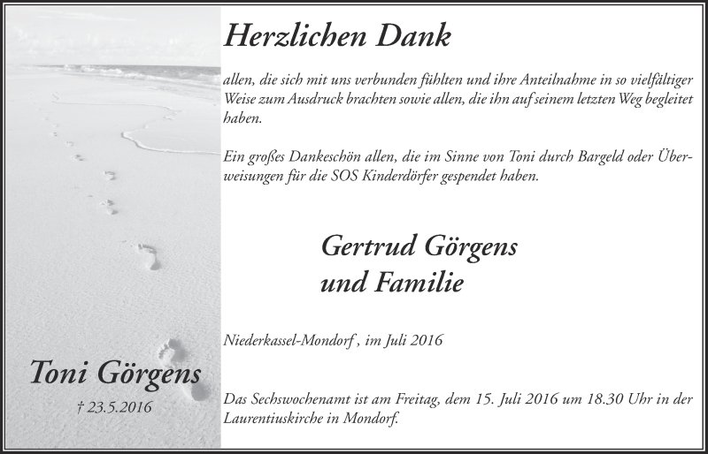  Traueranzeige für Toni Görgens vom 06.07.2016 aus  Extra Blatt 