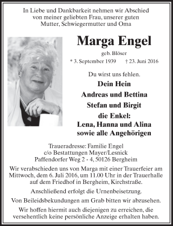 Anzeige von Marga Engel von  Sonntags-Post 