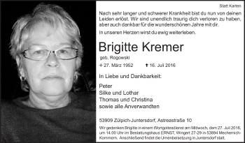 Anzeige von Brigitte Kremer von  Blickpunkt Euskirchen 