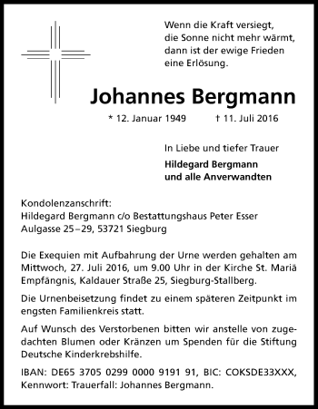 Anzeige von Johannes Bergmann von Kölner Stadt-Anzeiger / Kölnische Rundschau / Express