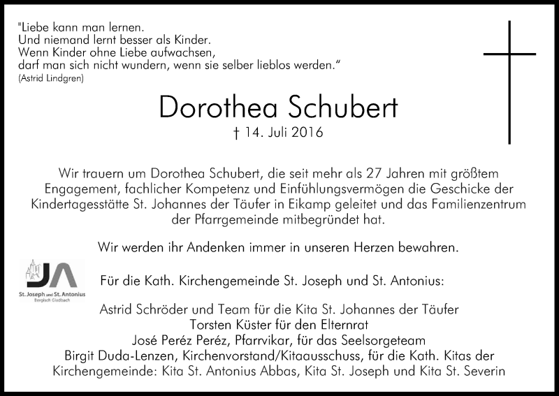  Traueranzeige für Dorothea Schubert vom 23.07.2016 aus Kölner Stadt-Anzeiger / Kölnische Rundschau / Express