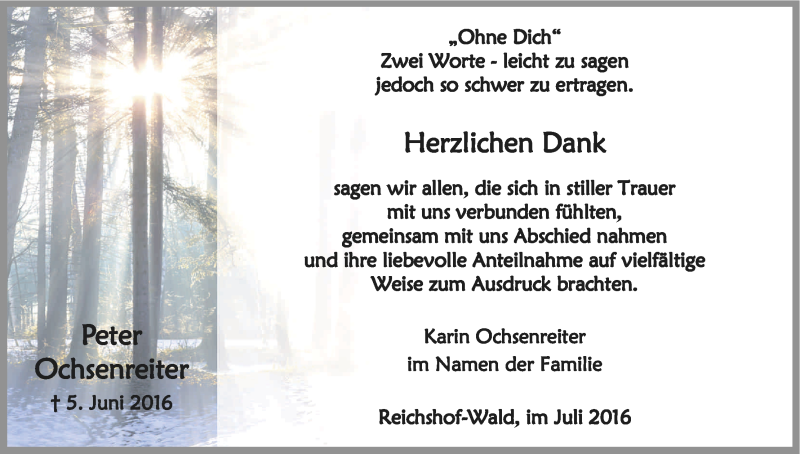  Traueranzeige für Peter Ochsenreiter vom 02.07.2016 aus Kölner Stadt-Anzeiger / Kölnische Rundschau / Express