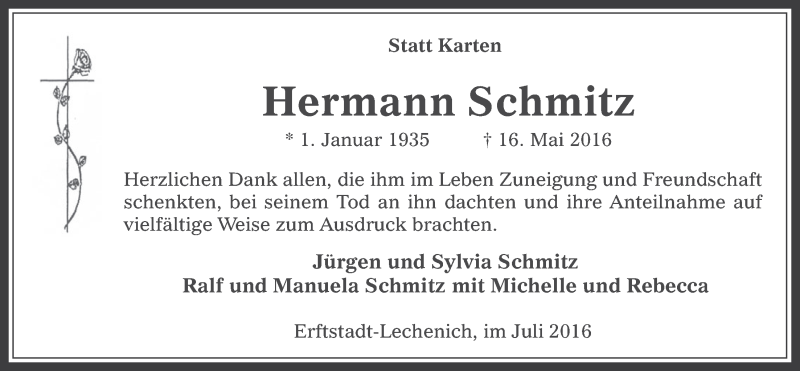  Traueranzeige für Hermann Schmitz vom 06.07.2016 aus  Werbepost 